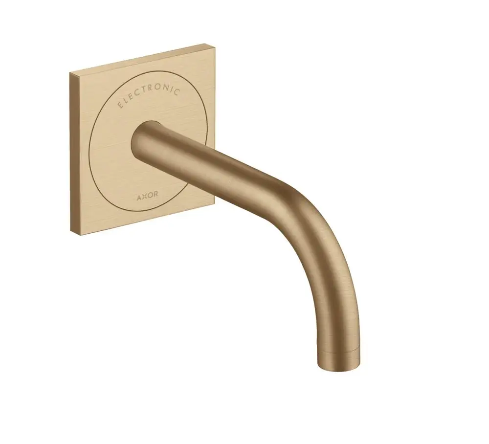 Wandmontierter Waschtischmischer mit geschwungenem Auslauf, in brushed Bronze, mit elektronischem Bedienfeld. Produkt von AXOR.